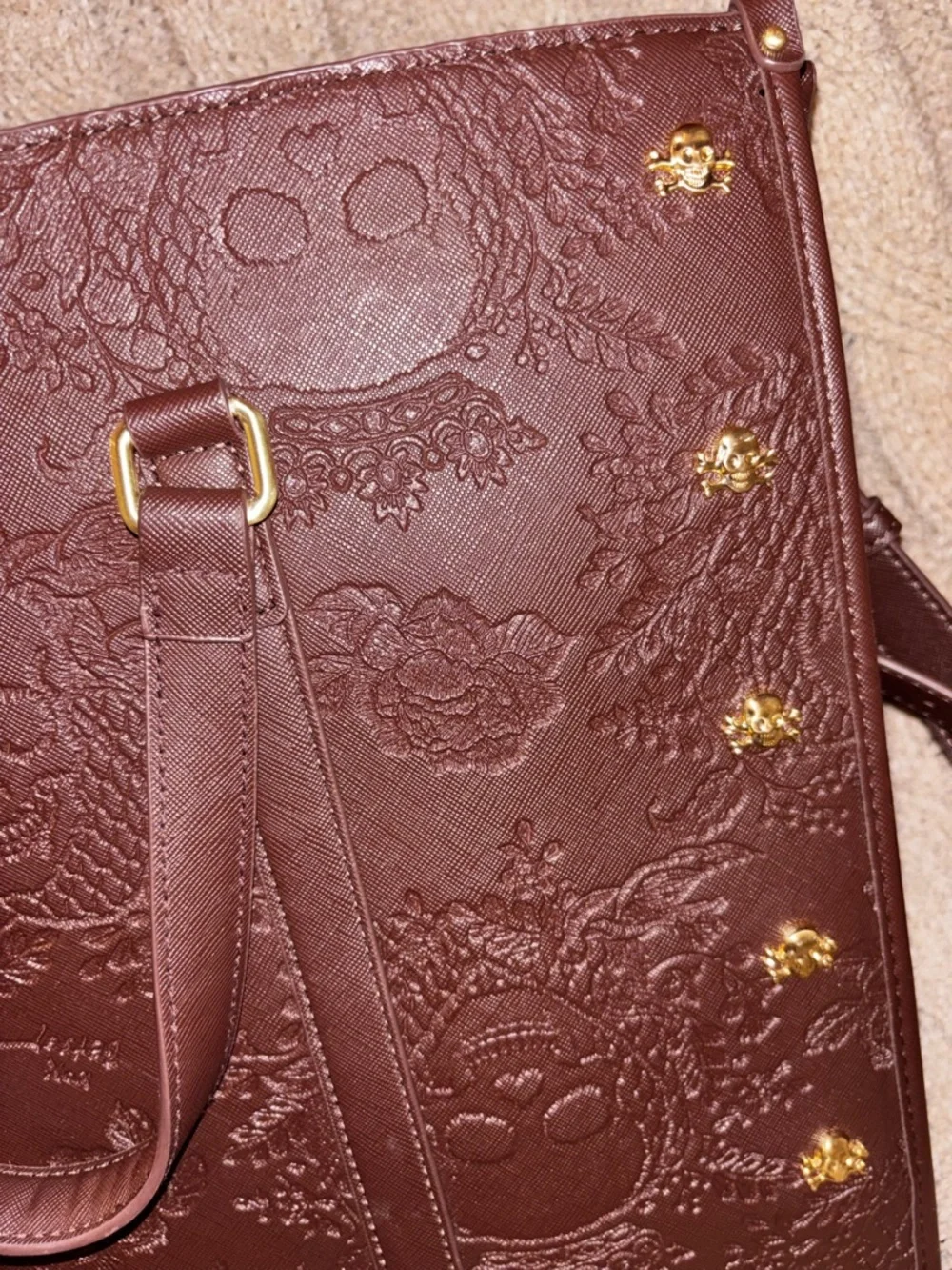 Betsey Johnson Brown Skull & Floral Embossed Tote Bag - Gold Skull Studs - Picture 4 of 11